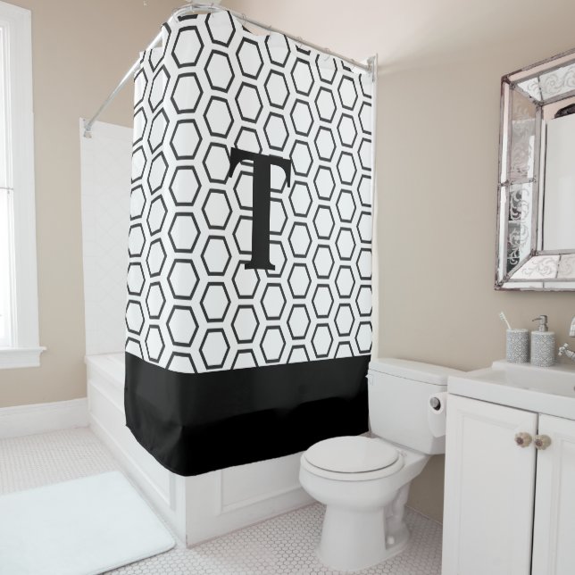 Modern Black White Hexagon Honeycomb  Initial Shower Curtain (In Situ)