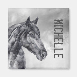 Modern Black White Horse Name Watercolor Magnet