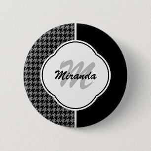 Modern Black White Houndstooth Monogram and Name 6 Cm Round Badge