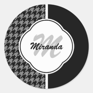 Modern Black White Houndstooth Monogram and Name Classic Round Sticker