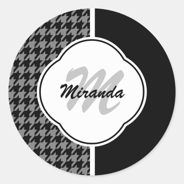 Modern Black White Houndstooth Monogram and Name Classic Round Sticker (Front)