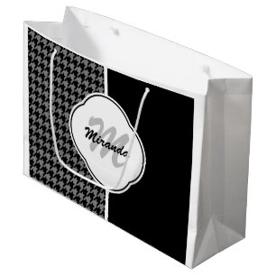 Modern Black White Houndstooth Monogram and Name Large Gift Bag