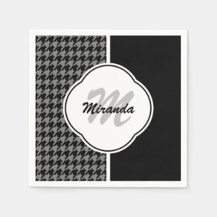 Modern Black White Houndstooth Monogram and Name Napkin