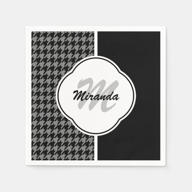 Modern Black White Houndstooth Monogram and Name Napkin (Front)