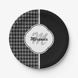 Modern Black White Houndstooth Monogram and Name Paper Plate