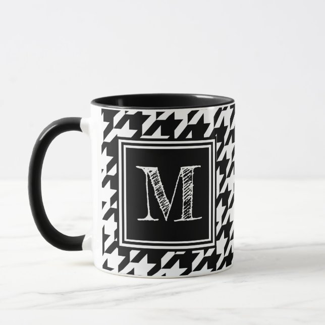 Modern Black White Houndstooth Monogram Mug (Left)