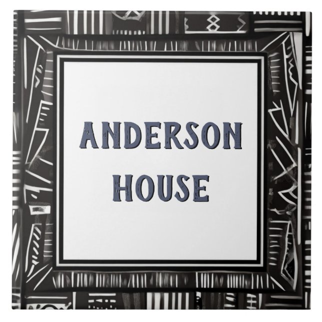 Modern Black & White House Name Plaque Plate Tile (Front)