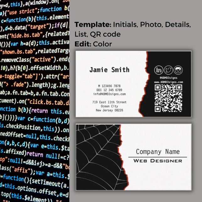 Modern Black & White  Landscape Web Designer Business Card (Modern Black & White Landscape Web Designer Business Card, QR code, social icons)
