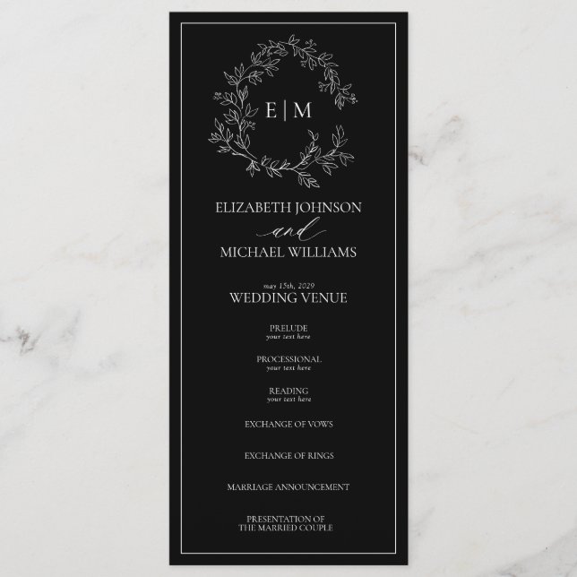 Modern Black White Leafy Crest Monogram Wedding Programme (Front)