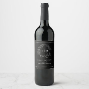 Modern Black White Leafy Crest Monogram Wedding Wine Label