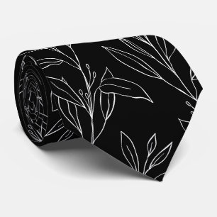 Modern Black & White Leafy Vine Wedding Neck Tie
