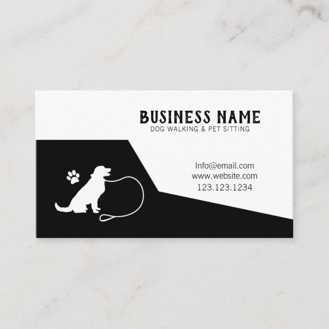 Modern Black & White Leash Paw Dog Walking Business Card (Front)