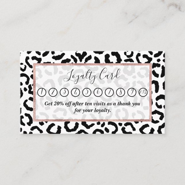 Modern Black White Leopard Animal Print Pattern Loyalty Card (Front)