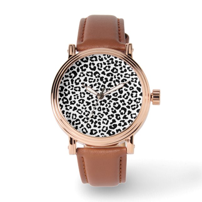 Modern, Black White Leopard Skin Background Watch (Front)