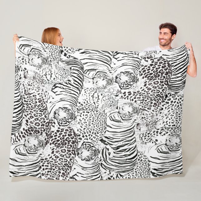 Modern Black White Leopard Tiger Animals Fleece Blanket (In Situ)