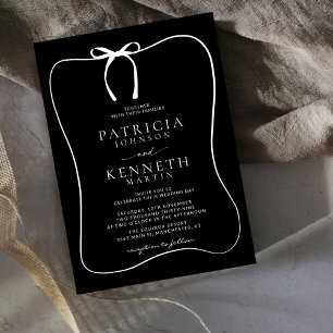 Modern Black & White Line Art Bow Frame Wedding Invitation