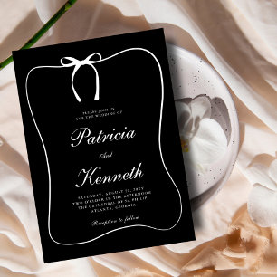 Modern Black & White Line Art Bow Frame Wedding Invitation