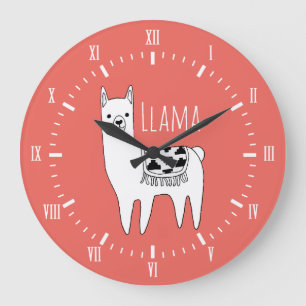 Modern Black & White Llama Sketch Roman Numerals Large Clock
