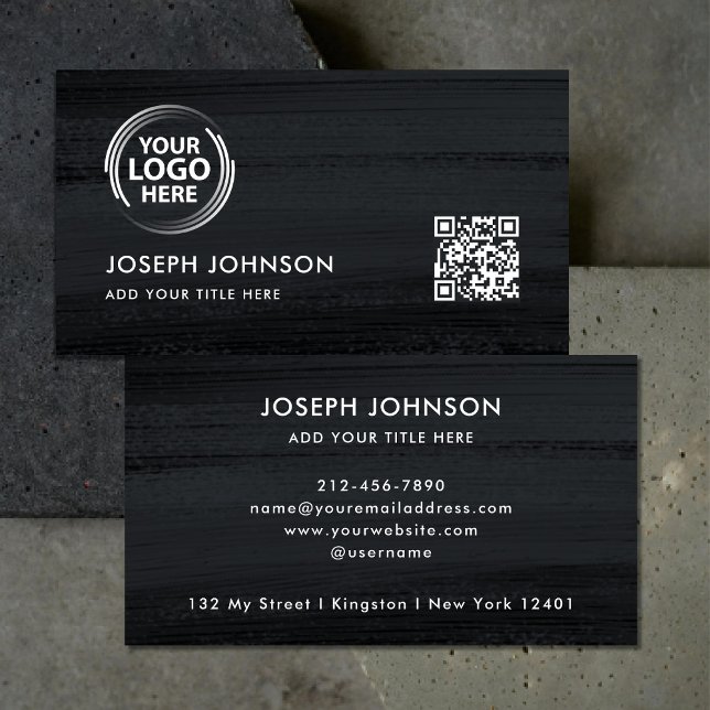 Modern Black White Logo Dark Grey Brush  QR Code  Business Card (Creator Uploaded)