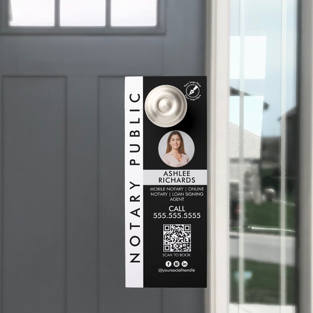 Modern Black & White Logo QR Code Notary Public Door Hanger (Creator Uploaded)