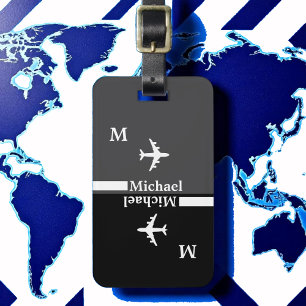 Modern Black / White luggagetag with name Luggage Tag