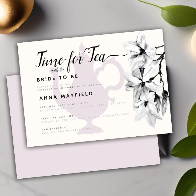 Modern Black White Magnolia Time for Tea Bridal Invitation (Creator Uploaded)