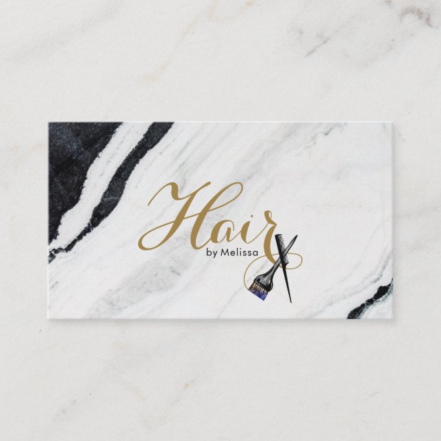 Modern Black & White Marble Elegant Hair By Name Business Card (Front)