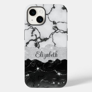 Modern Black White Marble Faux Glitter Monogram Case-Mate iPhone 14 Case
