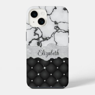 Modern Black White Marble Faux Glitter Monogram iPhone 14 Case
