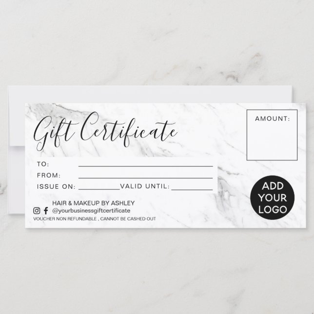 Modern black white marble gift certificate logo (Front)