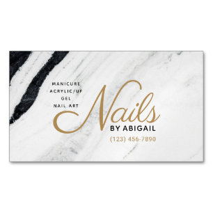 Modern Black & White Marble Gold Nails By "Name" Magnetic Business Card