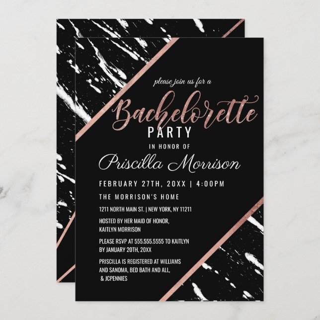 Modern Black White Marble Rose Gold Bachelorette Invitation (Front/Back)