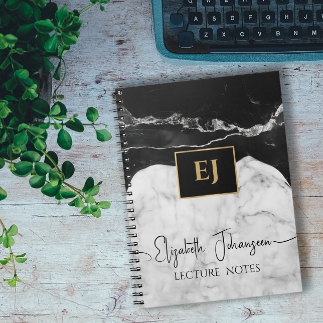Modern Black White Marble Texture Gold Monogrammed Notebook (Creator Uploaded)