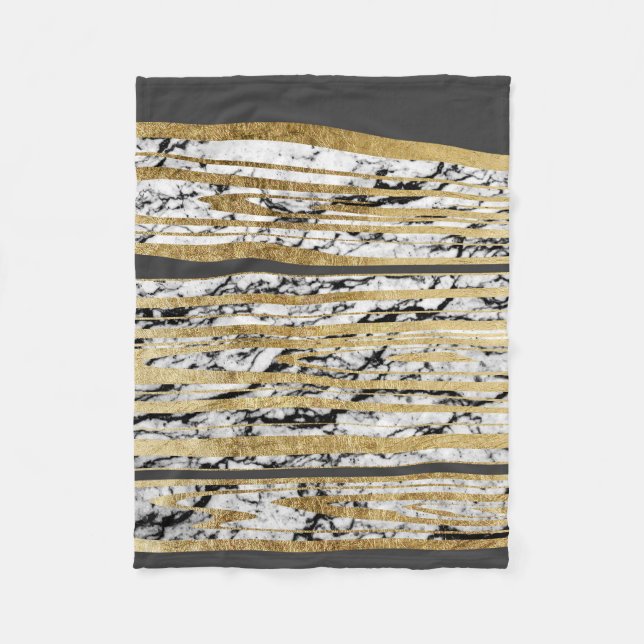 Modern Black White Marble with Faux Gold Stripes Fleece Blanket (Front)