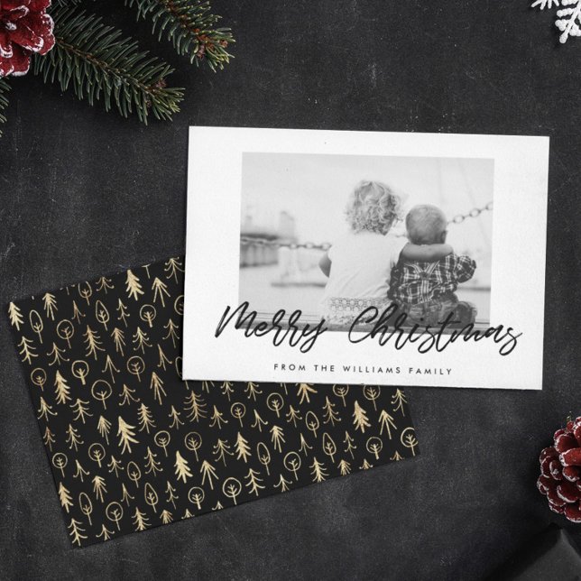 Modern Black & White Merry Christmas Family Photo Holiday Card (Creator Uploaded)
