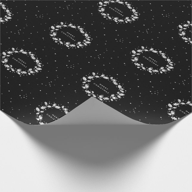 Modern Black + White Merry Christmas Holly Wreath Wrapping Paper (Corner)