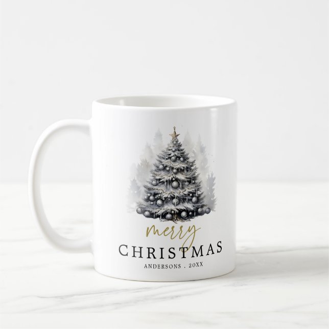 Modern Black & White Merry Christmas Tree Family Coffee Mug (Left)