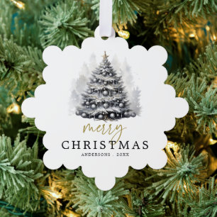 Modern Black & White Merry Christmas Tree Family Decoration Card