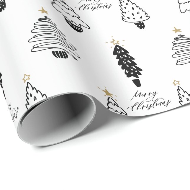 Modern Black & White Merry Christmas Tree Wrapping Paper (Roll Corner)