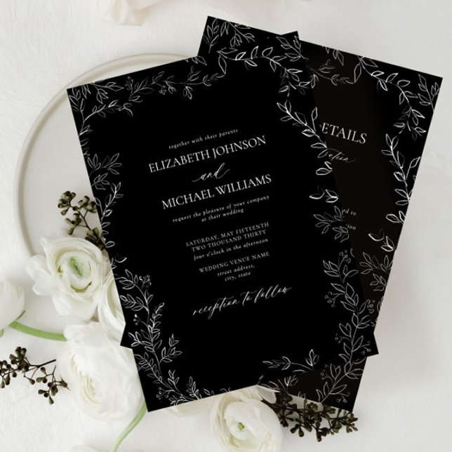 Modern Black & White Minimal Leaf Details Wedding Invitation (Creator Uploaded)