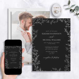 Modern Black & White Minimal Leaf Photo Wedding Invitation