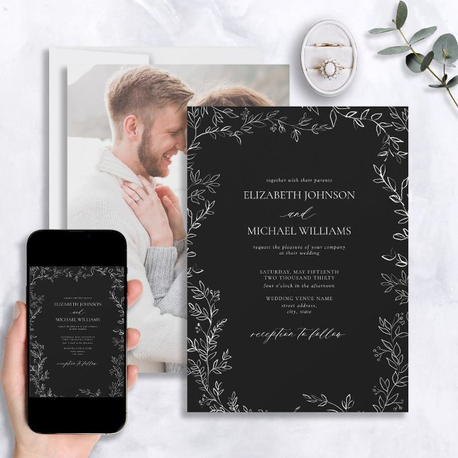 Modern Black & White Minimal Leaf Photo Wedding Invitation (Creator Uploaded)