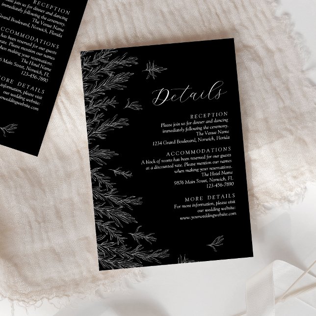 Modern Black White Minimal Leaves Wedding Details Enclosure Card (Creator Uploaded)
