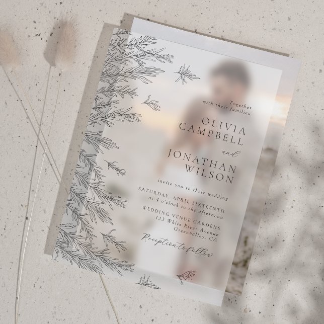 Modern Black White Minimal Leaves Wedding Vellum Invitations (Creator Uploaded)