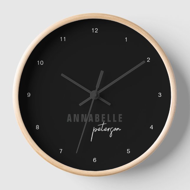 Modern Black & White Minimal Script Personalised Clock (Front)