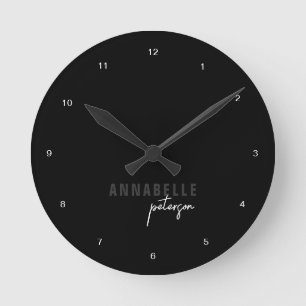 Modern Black & White Minimal Script Personalised Round Clock