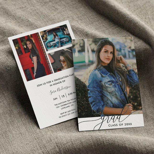 Modern Black & White Minimalist 4-Photo Graduation Invitation (Modern Black and White Minimalist 4 Photo High School or College Graduation Party Invitation )