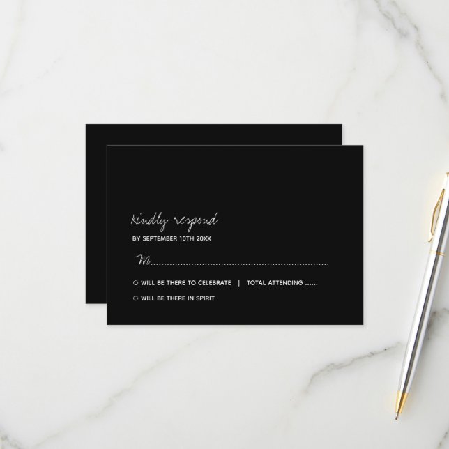 Modern Black & White Minimalist Script Wedding RSVP Card (Front/Back In Situ)