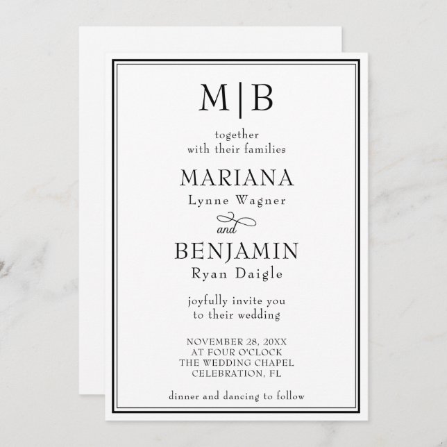 Modern Black White Minimalist Wedding Invitation (Front/Back)