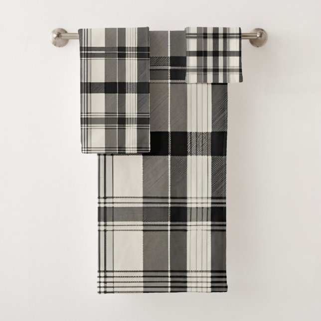 Modern Black White Monochrome Plaid  Bath Towel Set (Insitu)